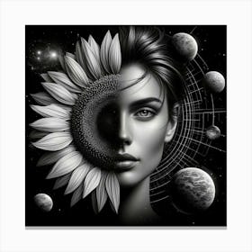 Sunflower Girl With Planets Canvas Print