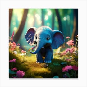 Firefly 3d, Animated, Cute, Little, Round, Turquoise, Elephant, Baby, Forest, Pink Flowers, Whimsica (2) 1 Canvas Print