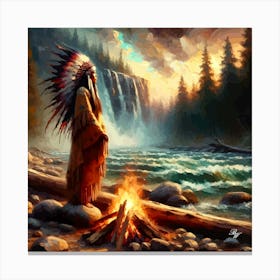 Oil Texture Native American Indian Maiden By Stream 5 Copy Canvas Print