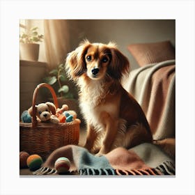 Cozy Pup Moment: An Adorable Dog Relaxing Next to a Basket of Toys in a Warm, Inviting Setting Canvas Print