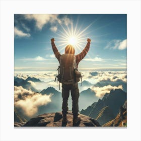 Mountaineer On Top Of Mountain 1 Canvas Print