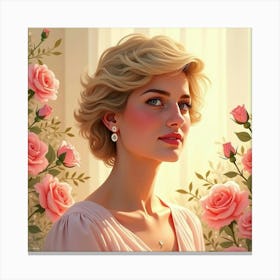 Princess Diana Glowing With Soft Watercolor Roses And Golden Hues Canvas Print