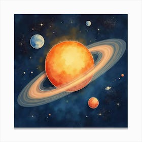 Delicate Watercolor Planets Orbiting Around A Bright Glowing Sun In Deep Space 1 Canvas Print