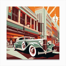 Art Deco-inspired vintage car on city street Canvas Print