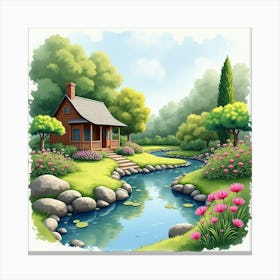 Peaceful Garden Retreat In Watercolor, With Serene Ponds And Flowering Plants Canvas Print