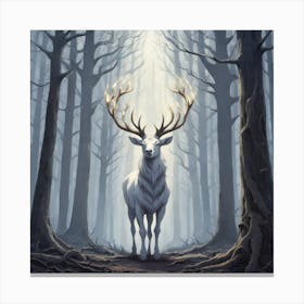 A White Stag In A Fog Forest In Minimalist Style Square Composition 38 Canvas Print
