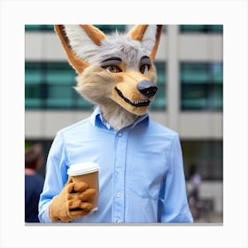 Blue shirt dog with coffee Canvas Print