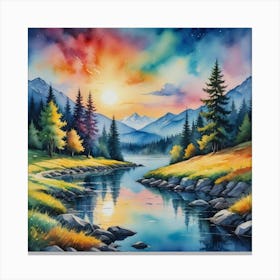 Sunset By The River Luminescent Peaks and Flowing Dreams Canvas Print