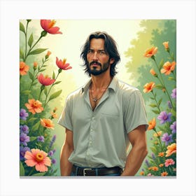 Keanu Reeves In A Peaceful Watercolor Garden With Colorful Flowers Canvas Print