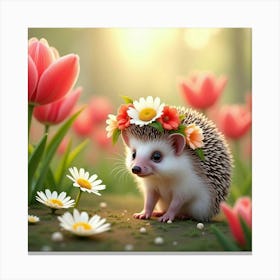 A Tiny Hedgehog Wearing A Flower Crown, Exploring A Garden Of Giant Tulips And Daisies Canvas Print