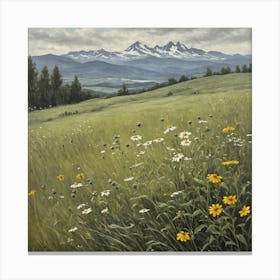 vintage oil painting of wild flowers in a meadow, mountains in the background 5 Canvas Print