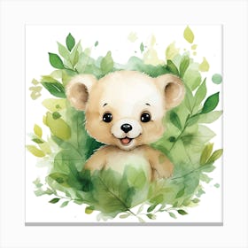 Watercolor Teddy Bear With Leaves Canvas Print