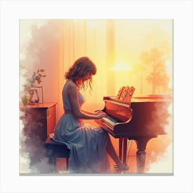 Taylor Swift At A Piano In Watercolor, Blending With Soft, Warm Sunset Hues Canvas Print