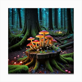 Mushrooms In The Forest Stump of Wonders Canvas Print