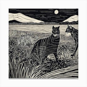  Abstract Black Panthers In The Grass Linocut Illustration Canvas Print