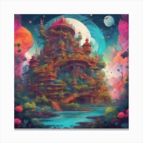 A Psychedelic Representation Bulding, With Vibrant Colors And Intricate Patterns Canvas Print