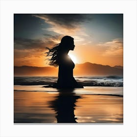 Silhouette Of A Woman At Sunset Canvas Print