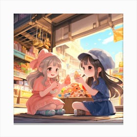 Two Girls In Front Of A Shop Anime Canvas Print