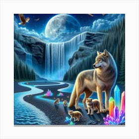 Wolf and Cubs by Crystal Waterfall Under Full Moon and Aurora Borealis 2 Canvas Print