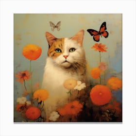 Cat & Butterflies in the Flowerbed Canvas Print