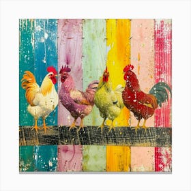 Kitsch Chickens On A Fence Rainbow Collage Canvas Print