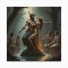 Satyr in the forest with women Canvas Print