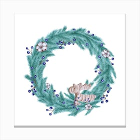 Wreath from Teal Fir Branches, Blueberries, Cotton and Wooden Deer Canvas Print