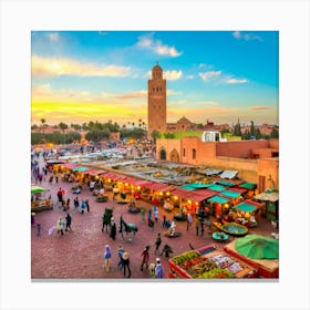 A stunning panoramic view of the bustling Marrakech medina in Morocco. The image encompasses the vibrant red walls of the city, the iconic Koutoubia Mosque in the distance, and the maze-like alleyways adorned with colorful lanterns and locals selling their wares. The atmosphere is a lively blend of culture, history, and the mysterious allure of the desert. The sun casts a warm golden light over the Citya. Canvas Print