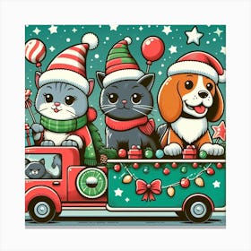 Christmas Truck With Cats And Dogs Canvas Print