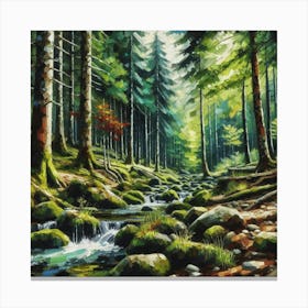 Stream In The Forest, Acrylic Painting Style 1 Canvas Print