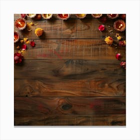 Diwali Lights On Wooden Background Canvas Print