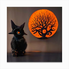 Cute Spooky Realistic Black Cat Portrait Moon Tree Design Canvas Print