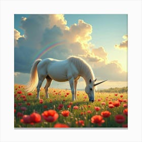 A Magical Unicorn Grazing In A Meadow Of Glowing Poppies, Under A Rainbow Filled Sky Canvas Print