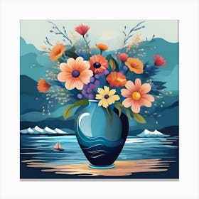 Vase With Flowers Decorated With Seascape, Blue, Yellow And Orange Canvas Print