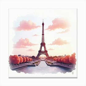 Romantic Watercolor Paris Skyline With The Eiffel Tower And Soft Clouds 1 Canvas Print