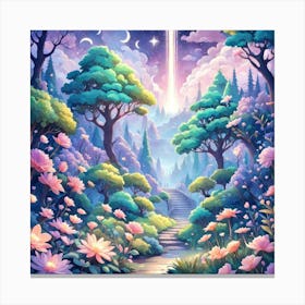 A Fantasy Forest With Twinkling Stars In Pastel Tone Square Composition 44 Canvas Print