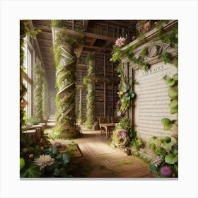 Library Of Books, Living Library: Botanical Bookshelves Whispering Wisdom 1 Canvas Print