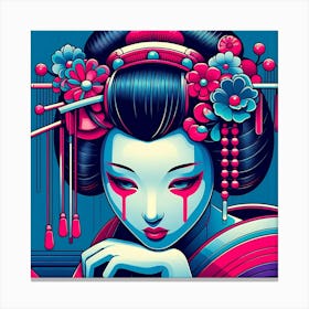 Crying Geisha In Blue And Pink Color Illustration Canvas Print