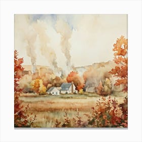 Autumnal Landscape Featuring Falling Leaves Watercolor Painting Soft Toned Florals Cottages With (6) Canvas Print