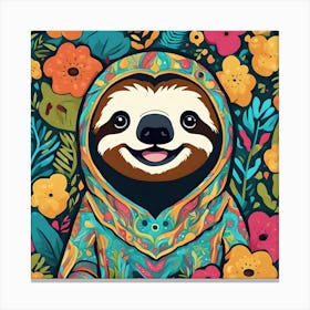 Cute Sloth Surrounded By Flowers Canvas Print