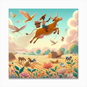 Illustration Of A Cow Flying Over A Field,Cow Flying In A Field,Inspired by Marc Chagall's floating Canvas Print