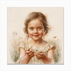 Little Girl With Daisies Canvas Print