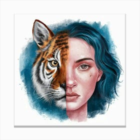 Portrait Of A Woman And A Tiger Canvas Print