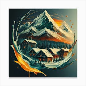 Abstract painting of a mountain village with snow falling 20 Canvas Print