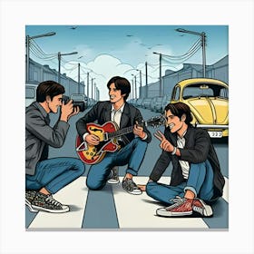 A Photograph With Three Pals Playing Harmony On The Road Similar To Pop Art Style 1 Canvas Print