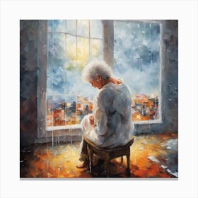 Lonely old women sitting by her window 🪟 with grief... Canvas Print