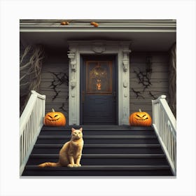Halloween Cat On The Steps 1 Canvas Print