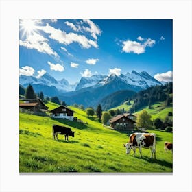 Alpine Pastoral Landscape Cows Grazing On Lush Green Slopes Snow Capped Mountains In The Distance Canvas Print