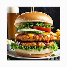 Chicken Burger With Fries And Beer Canvas Print