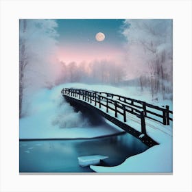 Winter Wonderland, Bridge Snow Covered,  Peaceful, Calm, Blues And Pinks Canvas Print